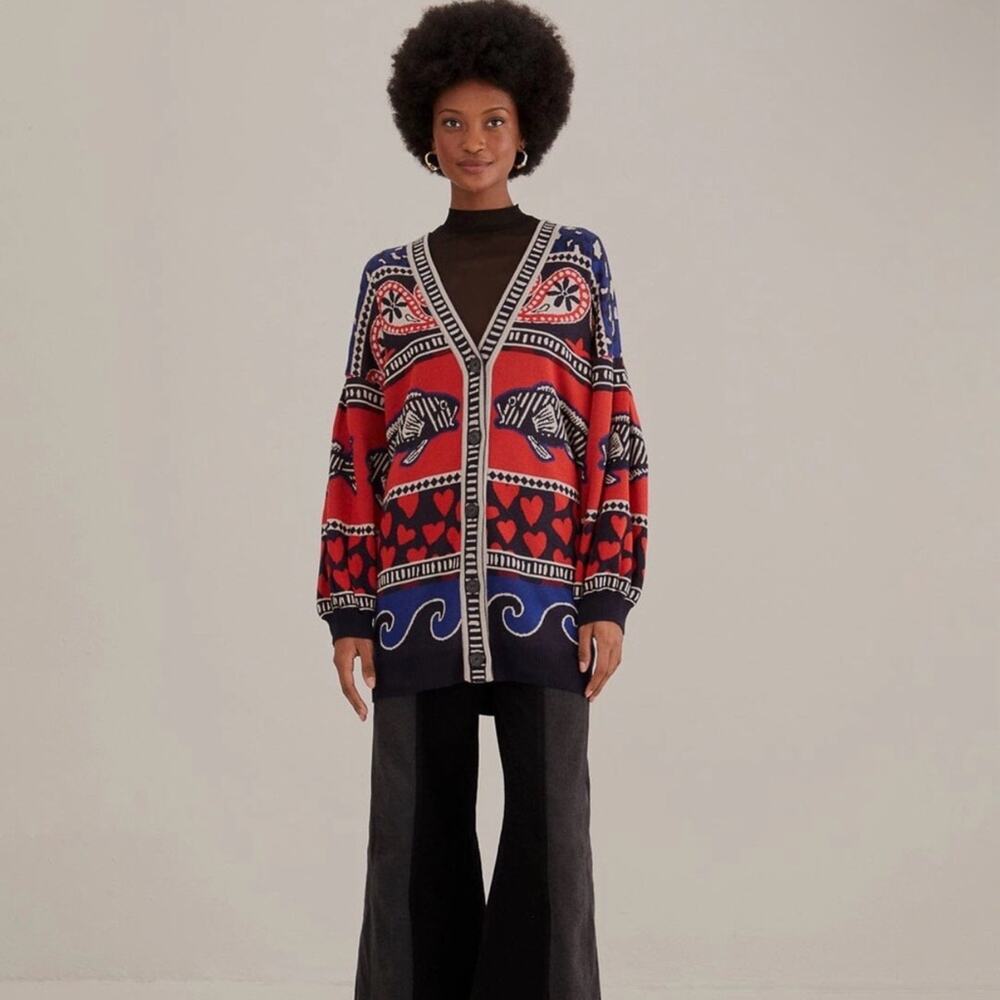 NWOT FarmRio Navy Mixed Prints Knit Cardigan Size Medium